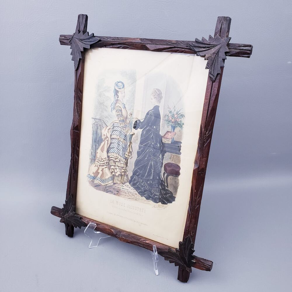 Antique French La Mode Illustrée Victorian Fashion Plate Engraving Print Framed